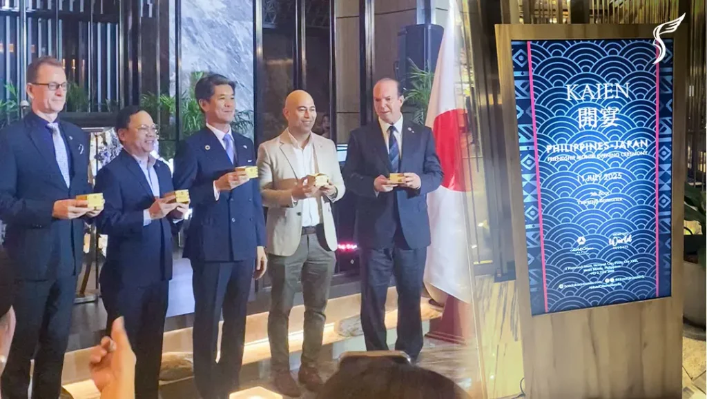 Leaders raise a toast at the Philippines-Japan Friendship Month Opening Ceremony beside an event display with Japan’s flag.Leaders raise a toast at the Philippines-Japan Friendship Month Opening Ceremony beside an event display with Japan’s flag.