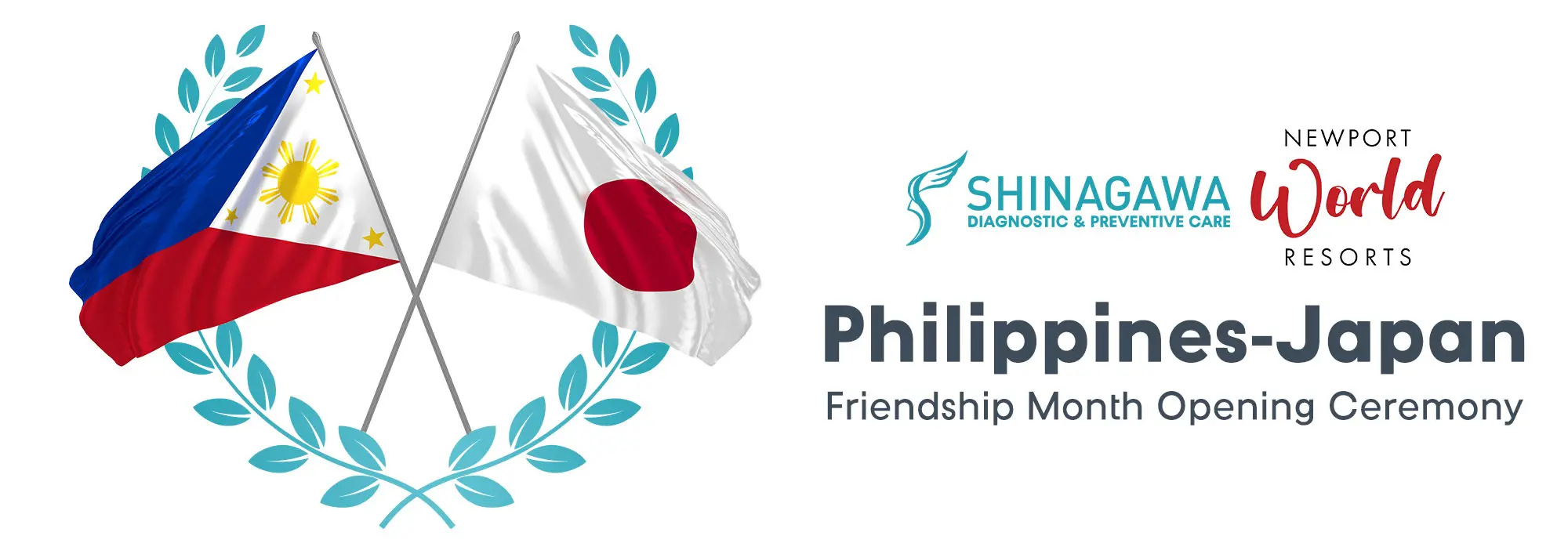 Philippine and Japanese flags crossed in unity, with logos of Shinagawa and Newport World Resorts for Friendship Month.
