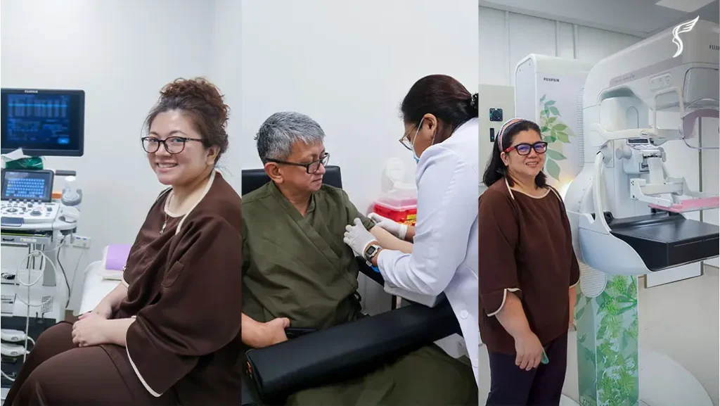 Patients undergo various diagnostic tests at Shinagawa, including ultrasound, blood extraction, and mammogram screening.