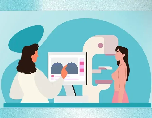 Illustration of a female patient undergoing a mammogram as a doctor reviews breast X-ray images on a screen during examination.
