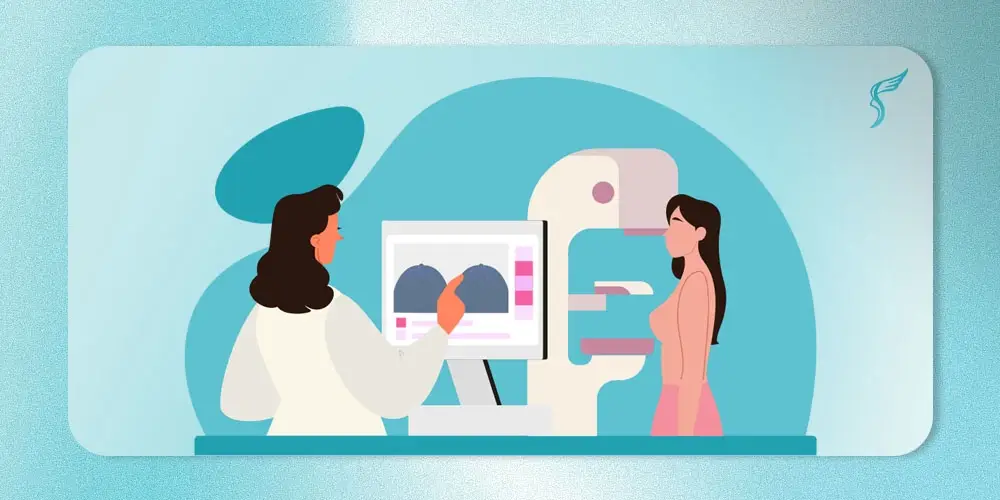 Illustration of a female patient undergoing a mammogram as a doctor reviews breast X-ray images on a screen during examination.