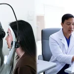 Patient undergoes an eye scan while a doctor explains eye anatomy using a model during consultation at Shinagawa Diagnostic Center.