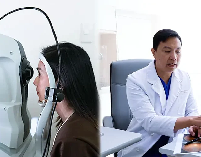 Patient undergoes an eye scan while a doctor explains eye anatomy using a model during consultation at Shinagawa Diagnostic Center.