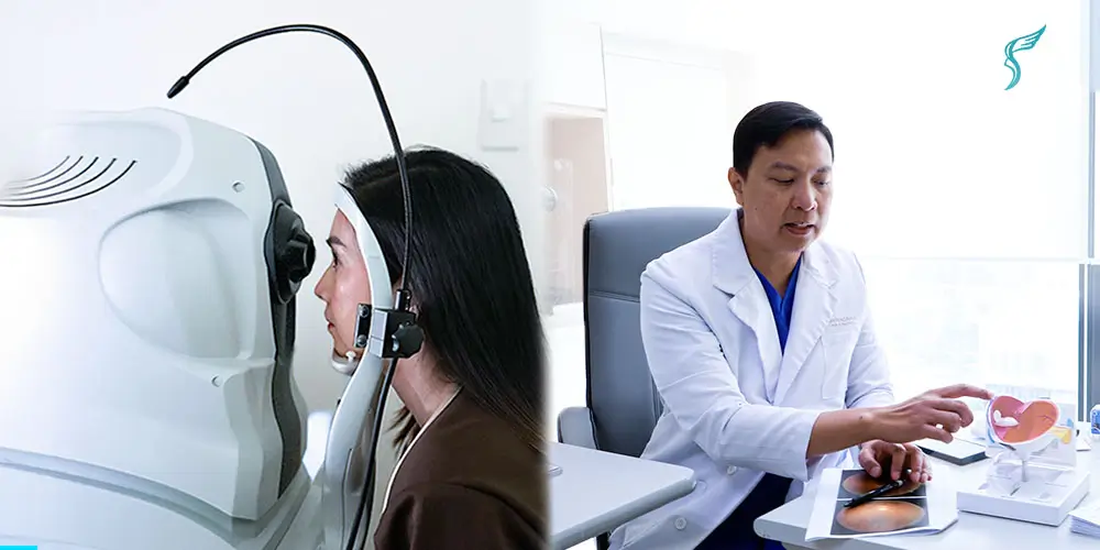 Patient undergoes an eye scan while a doctor explains eye anatomy using a model during consultation at Shinagawa Diagnostic Center.