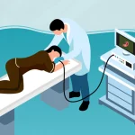 Illustration of a patient undergoing a gastroscopy procedure with a doctor operating an endoscope connected to a monitor showing the stomach, used by Shinagawa Diagnostic & Preventive Care.