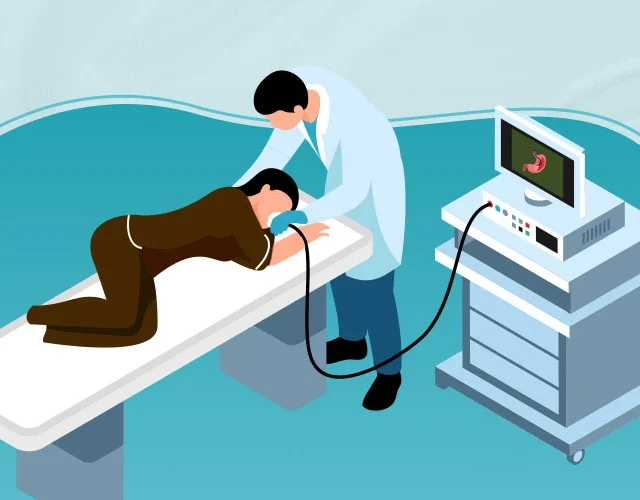 Illustration of a patient undergoing a gastroscopy procedure with a doctor operating an endoscope connected to a monitor showing the stomach, used by Shinagawa Diagnostic & Preventive Care.