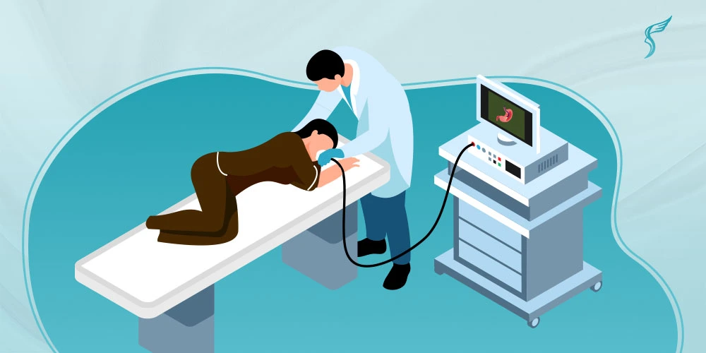 Illustration of a patient undergoing a gastroscopy procedure with a doctor operating an endoscope connected to a monitor showing the stomach, used by Shinagawa Diagnostic & Preventive Care.