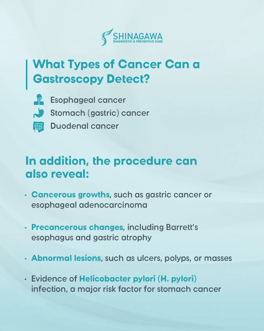 Informational poster from Shinagawa Diagnostic & Preventive Care listing types of cancer a gastroscopy can detect, including esophageal, stomach, and duodenal cancer, as well as signs of abnormal lesions, H. pylori, and precancerous changes.