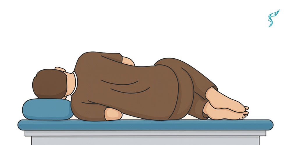 Illustration showing a person lying on their left side on an exam table with knees slightly bent in the Left Lateral Decubitus position.