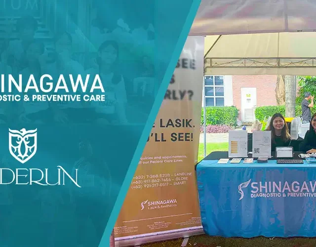 Shinagawa Diagnostic & Preventive Care team at an outdoor health booth during the Enderun campus event, showcasing LASIK services and preventive care brochures.