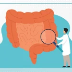 Illustration of a doctor examining a large intestine with a magnifying glass, symbolizing colonoscopy or digestive health screening at Shinagawa Diagnostic & Preventive Care.