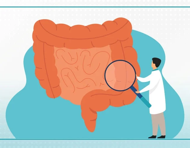 Illustration of a doctor examining a large intestine with a magnifying glass, symbolizing colonoscopy or digestive health screening at Shinagawa Diagnostic & Preventive Care.