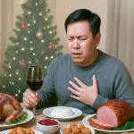 Man experiencing chest discomfort or heartburn while dining on holiday food, surrounded by ham, roast chicken, wine, and Christmas decor, symbolizing overindulgence and digestive health issues.
