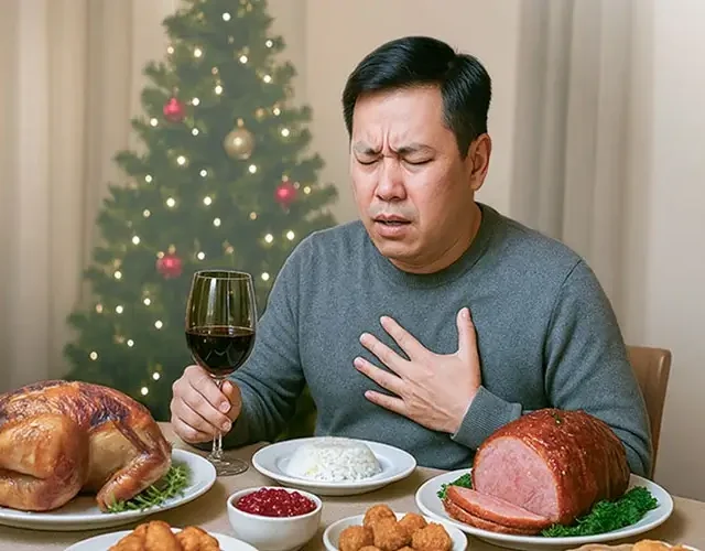 Man experiencing chest discomfort or heartburn while dining on holiday food, surrounded by ham, roast chicken, wine, and Christmas decor, symbolizing overindulgence and digestive health issues.