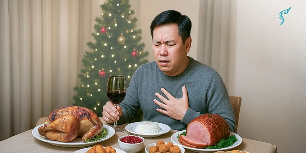 Man experiencing chest discomfort or heartburn while dining on holiday food, surrounded by ham, roast chicken, wine, and Christmas decor, symbolizing overindulgence and digestive health issues.