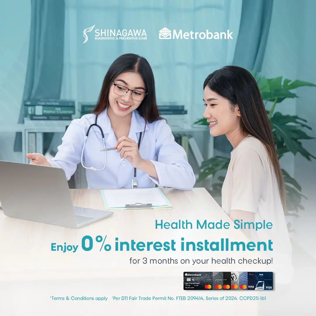 Shinagawa Diagnostic & Preventive Care doctor consulting a smiling patient, promoting a Metrobank 0% interest installment plan for health checkups.