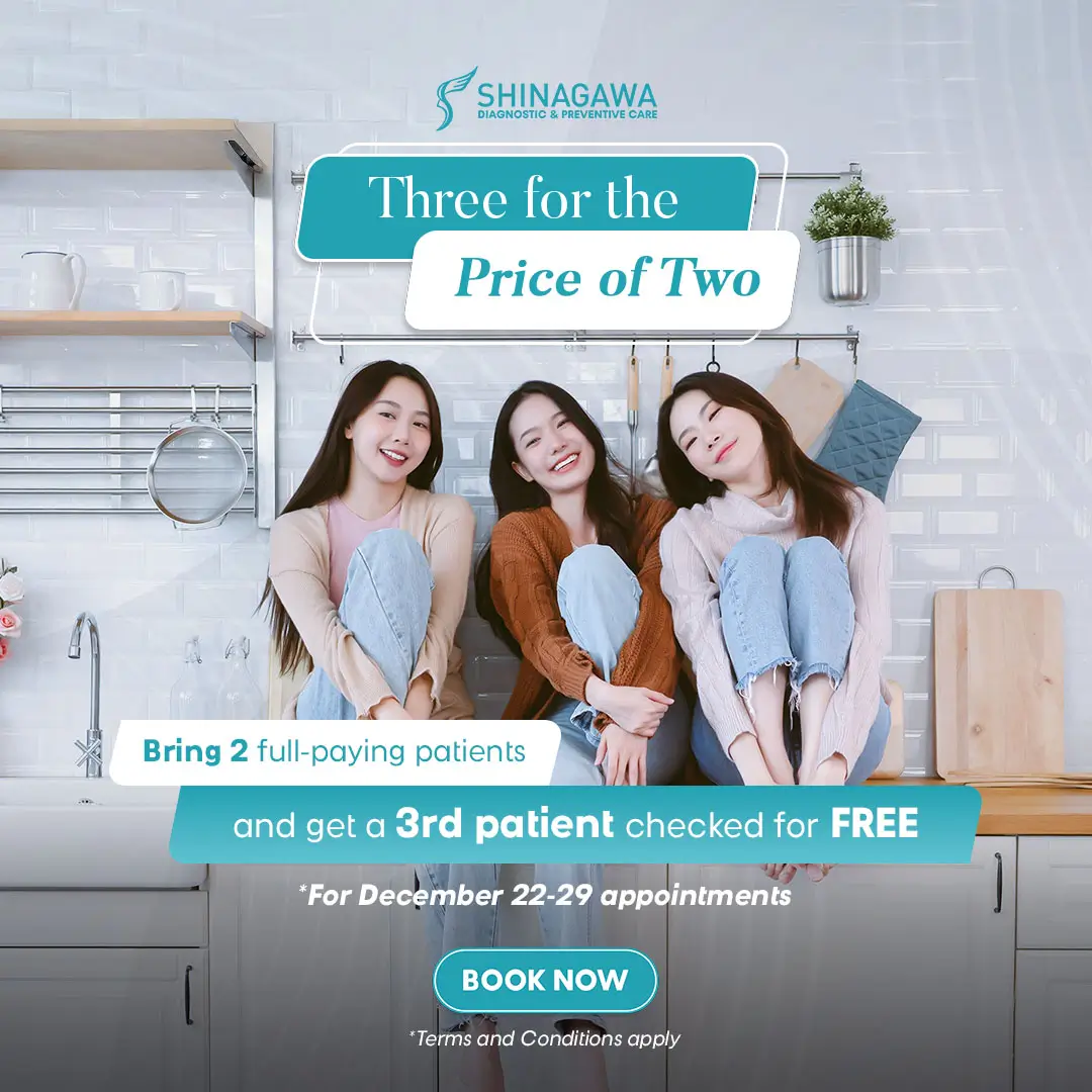 Promotional banner from Shinagawa Diagnostic & Preventive Care offering “Three for the Price of Two” health checkup promo, featuring three smiling women and booking details for December 22–29.