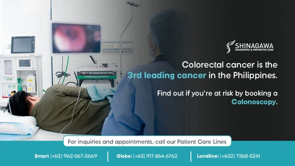 Colonoscopy procedure at Shinagawa Diagnostic & Preventive Care, promoting colorectal cancer screening in the Philippines with a message highlighting it as the 3rd leading cancer in the country.