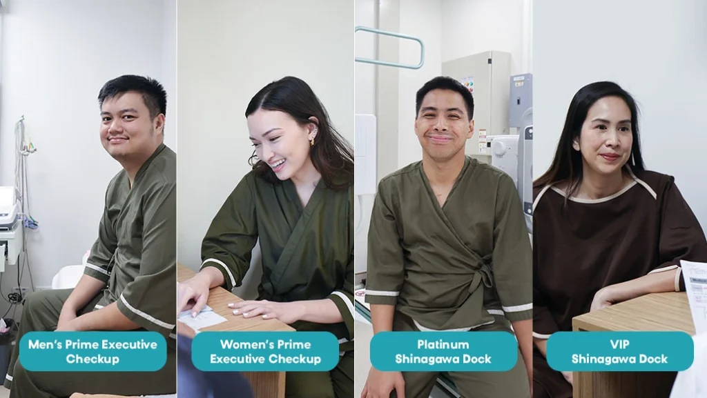 Shinagawa Diagnostic & Preventive Care patients representing various checkup packages: Men’s Prime Executive Checkup, Women’s Prime Executive Checkup, Platinum Shinagawa Dock, and VIP Shinagawa Dock.