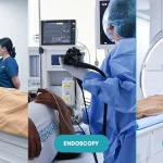 Three-panel image showing CT scan, endoscopy, and MRI procedures at Shinagawa Diagnostic & Preventive Care, with patients undergoing diagnostic tests assisted by medical professionals.