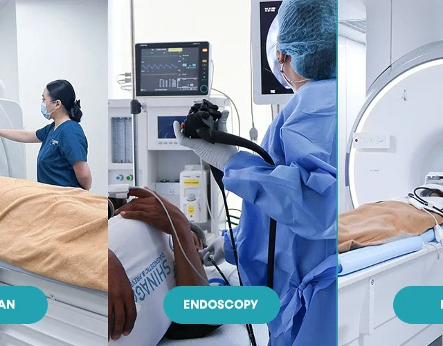 Three-panel image showing CT scan, endoscopy, and MRI procedures at Shinagawa Diagnostic & Preventive Care, with patients undergoing diagnostic tests assisted by medical professionals.