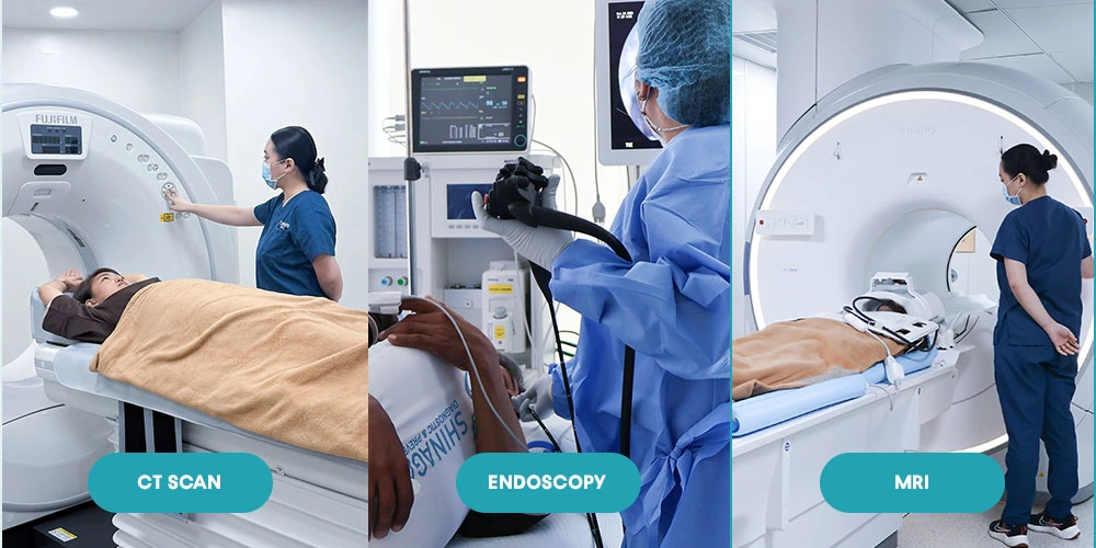 Three-panel image showing CT scan, endoscopy, and MRI procedures at Shinagawa Diagnostic & Preventive Care, with patients undergoing diagnostic tests assisted by medical professionals.