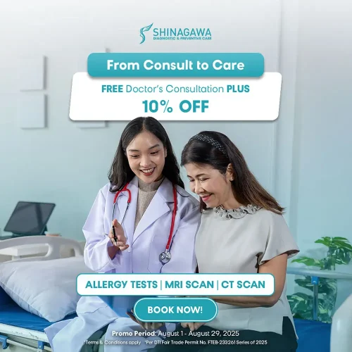from-consult-to-care Shinagawa doctor consults with a smiling patient during promo offering free consultation and 10% off on allergy, MRI, and CT scans.