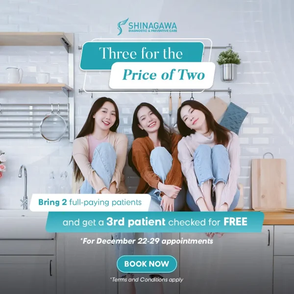 Promotional banner from Shinagawa Diagnostic & Preventive Care offering “Three for the Price of Two” health checkup promo, featuring three smiling women and booking details for December 22–29.